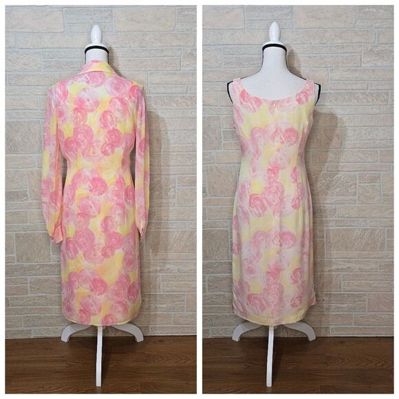 STUNNING ESCADA 100% SILK FLORAL DRESS WITH COVER-UP OVERSHIRT - Picture 3 of 9